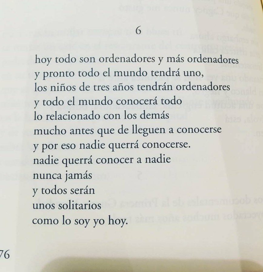 literlandweb1's tweet photo. A principios de los años 90, poco antes de morir, Bukowski pronosticó un mundo de incomunicación y tecnología. Han pasado casi treinta años y su poema se ha convertido en profecía cumplida. El fragmento pertenece al poema "Esta bandera no ondea con cariño". https://t.co/kfJuMJq9de