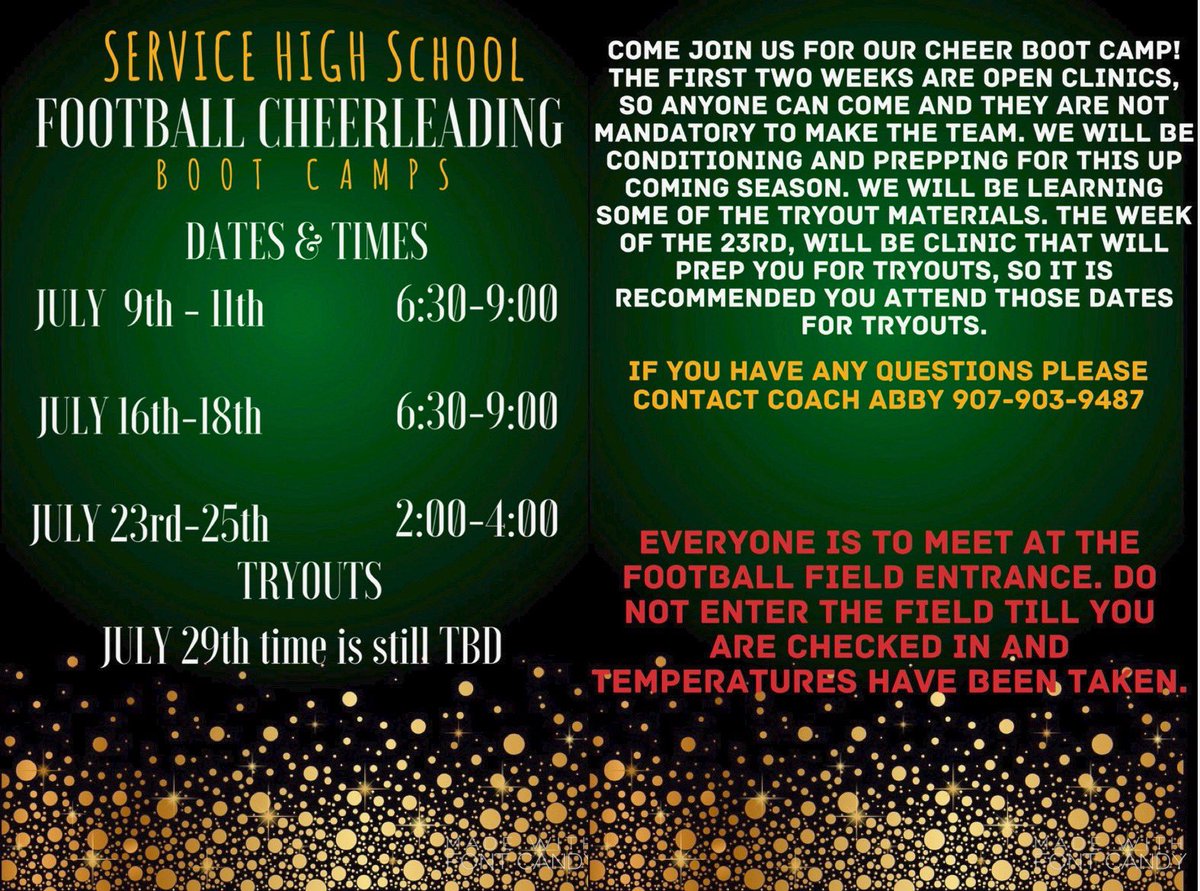 servicestudgov's tweet photo. Interested being in football cheer? Come to the boot camps and see if it’s a sport for you! 💚💛 https://t.co/gufwdcdKUz
