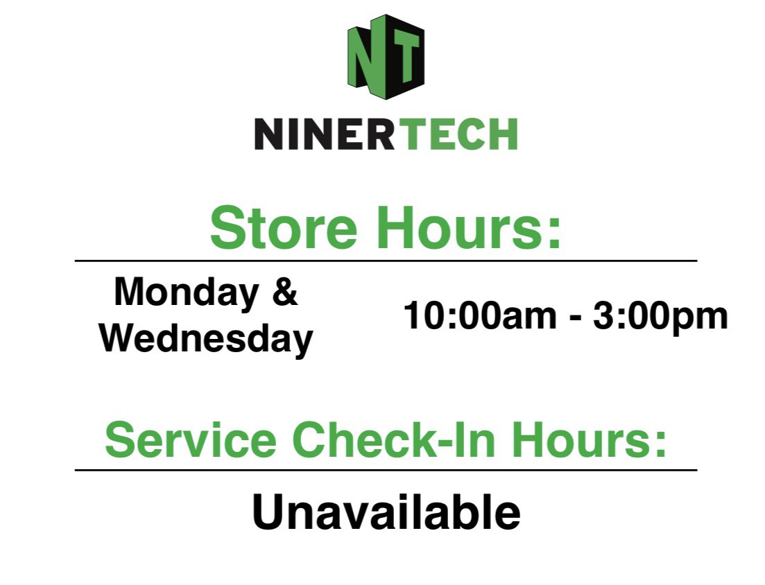 NinerTech's tweet image. Hello everyone! We are back in the store two days a week. Our online store is also back open! We now offer ship to home, as well as store pick up. Come check us out! #uncc