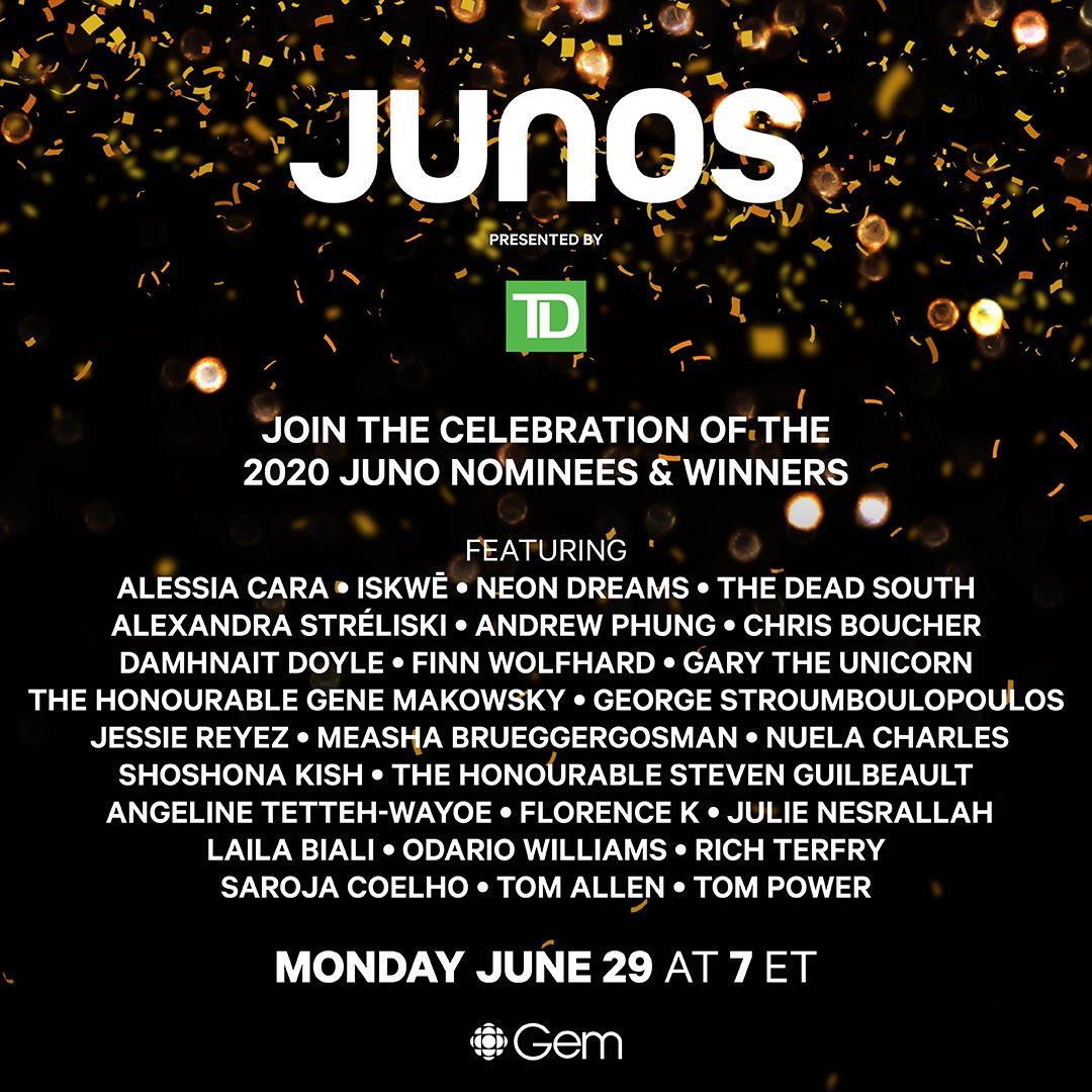 Digawolf's tweet image. YOU’RE INVITED CANADA! Join our music community and Canadian music lovers from around the world to honour the 171 #JUNOS nominees! June 29 at 7 p.m. ET (4 p.m. PT) cbcmusic.ca/junos