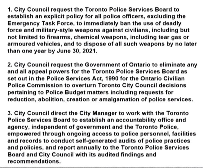 Councillor Wong-Tam has a five-part motion: restricting use of deadly force, eliminating OCPC appeal process for police budgets, establishing an accountability office & accountability table, alternatives to 911.