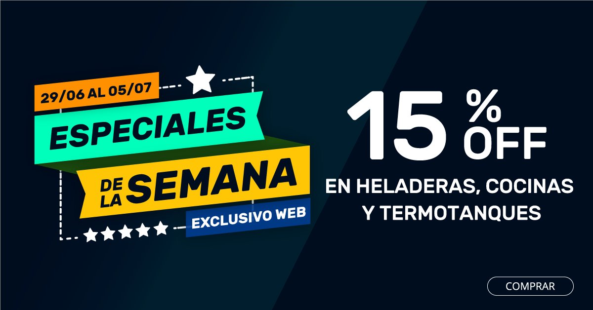 ⭐ 15% OFF ⭐ Exclusivo Online
En heladeras, cocinas y termotanques
bit.ly/2NCjRVe