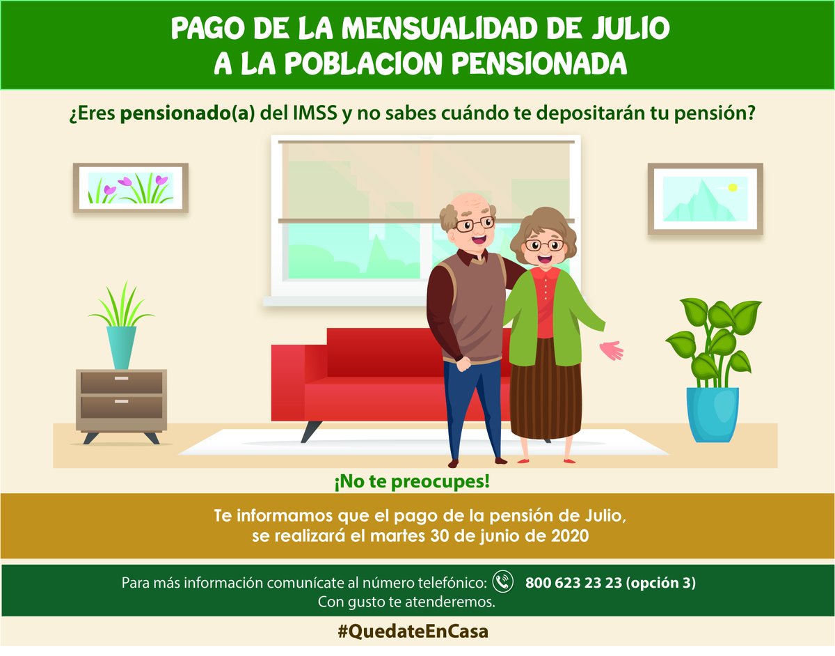ARuizMaciel's tweet photo. 📢 ¡Aviso!
El 30 de junio de 2020, se realizará el pago de la mensualidad de julio, a la población pensionada de @Tu_IMSS 👏🏽Te exhortamos a no acudir a las ventanillas bancarias ni a los cajeros automáticos el día de pago. Evitemos riesgos de contagio. #COVID19 #QuedateEnCasa https://t.co/KWiOy3UCWD