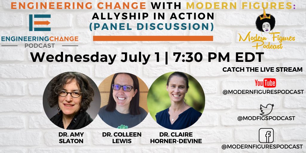 ModFigsPodcast's tweet photo. THIS WEDNESDAY: #EngineeringChange with #ModernFigures LIVE! @A_Slaton Colleen Lewis (CSTeachingTips), and @chornerdevine discuss #Allyship in Action with @dryepearson & us. Join us on Twitter, Facebook, or YouTube - LIVE at 7:30 p.m. EDT. #inclusion https://t.co/T6B553YjS7