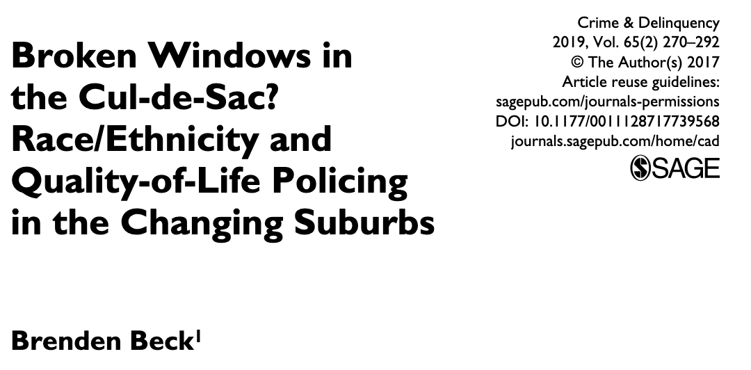 374/ "I find that low-level policing in suburbs diminished between 1990 and 2014, but such policing was more common and more racially disproportionate there than in cities by the end of the study period." ( @BrendenBeck)