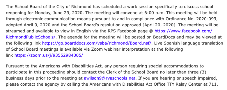 PHSSA_BOD's tweet photo. Richmond City School Board work session TONIGHT 6pm: specifically to discuss school reopening. Meeting link: https://t.co/EmajU4JesO.  Agenda: https://t.co/mx3zGrcyNV. Live Spanish language translation: https://t.co/YOUdUUiRWf #rva #phssa https://t.co/94cTs4l6sO