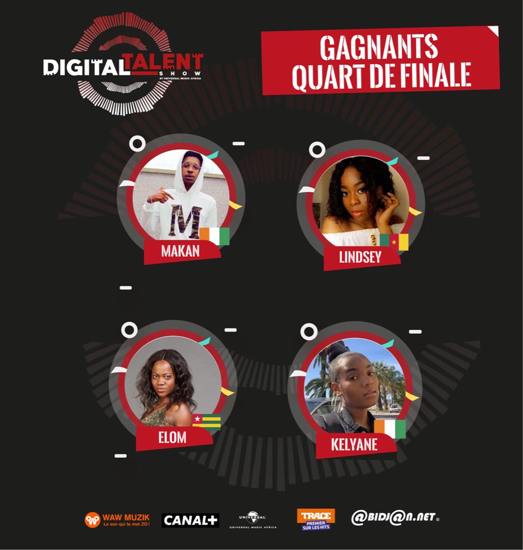 U_M_Africa's tweet photo. Félicitations à nos 4 candidats qualifiés MAKAN , LINDSEY , KELYANE et ELOM les 1/2 finales .

Rendez-vous le dimanche 5 juillet à 21H sur nos pages Facebook et Instagram . Venez soutenir vos candidats 🔥🚨 #DtsbyUma #Uma #Umains @WAWMUZIK @cplusafrique @Trace_225 @abidjan_net https://t.co/Cw5QzMvwuI
