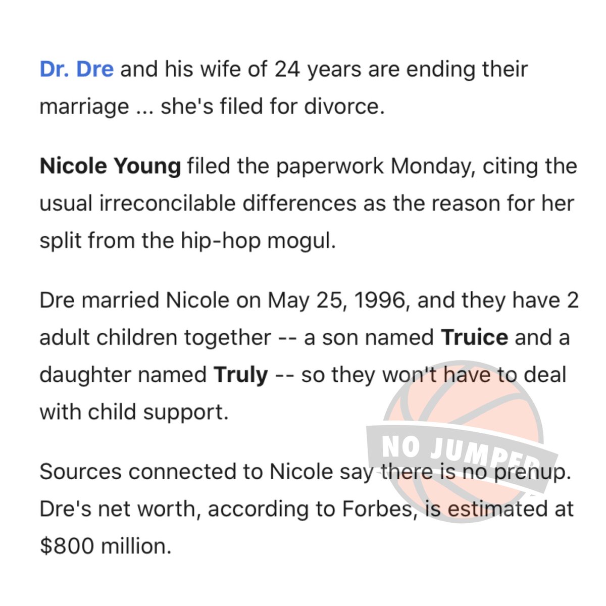 nojumper's tweet photo. Dr. Dre's wife, Nicole Young, has filed for divorce after 24 years of marriage. https://t.co/xfTOWGpZA5