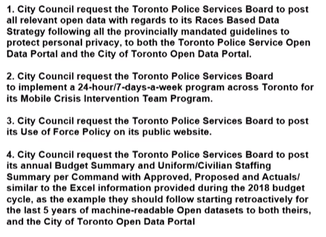 Councillor Ainslie’s got motions. Requesting police post stuff to Open Data, and release their Use of Force Policy on their website.