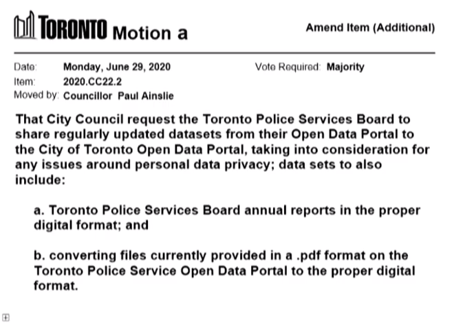 Councillor Ainslie’s got motions. Requesting police post stuff to Open Data, and release their Use of Force Policy on their website.