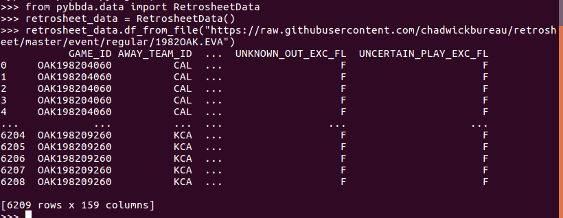 BenDilday's tweet photo. a cool thing about pybbda is you can read #retrosheet event files directly into a data frame. this is because it compiles #chadwickbureau c-code into a shared library with a #python interface using ctypes, example, https://t.co/6ljOgjlSAX