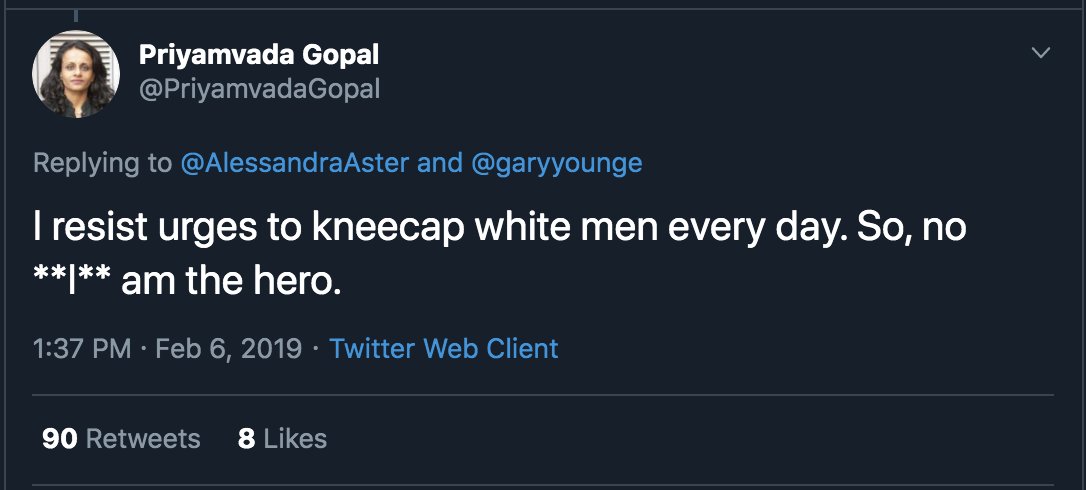 Here she is definitely NOT suggesting that she has a daily urge to perform violent acts against white men or that her clothing choices are in any way influenced by their suitability for stamping on white men's necks.