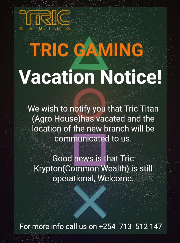tric_gaming's tweet photo. We wish to notify you that Tric Titan (Agro House)has vacated and the location of the new branch will be communicated to us.
Good news is that Tric Krypton(Common Wealth) is still operational, Welcome.
#StaySafeStayHealthy #GamingRedefined https://t.co/2hg8Ivhb4J