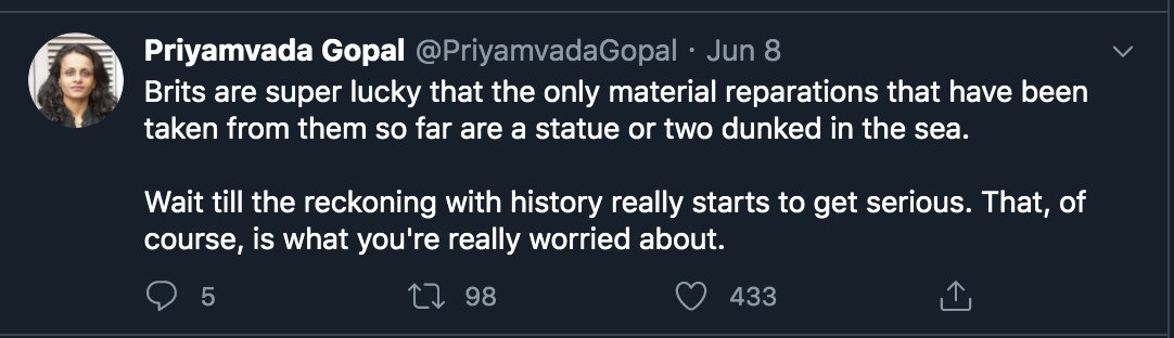 White people, however, are not the only group to escape Dr Gopal’s inclusive philosophical musings. Here she is definitely NOT suggesting that the British have a 'serious' "reckoning with history”, which definitely does not sound sinister at all.