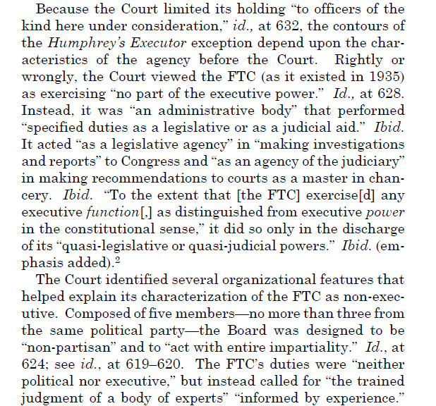 Humphrey's involved the FTC, and the way the Court describes the case is generally applicable to FERC, FCC, SEC as well - "administrative body," "quasi-legislative"/"quasi-judicial powers", 5-member multiparty makeup that's theoretically nonpartisan...