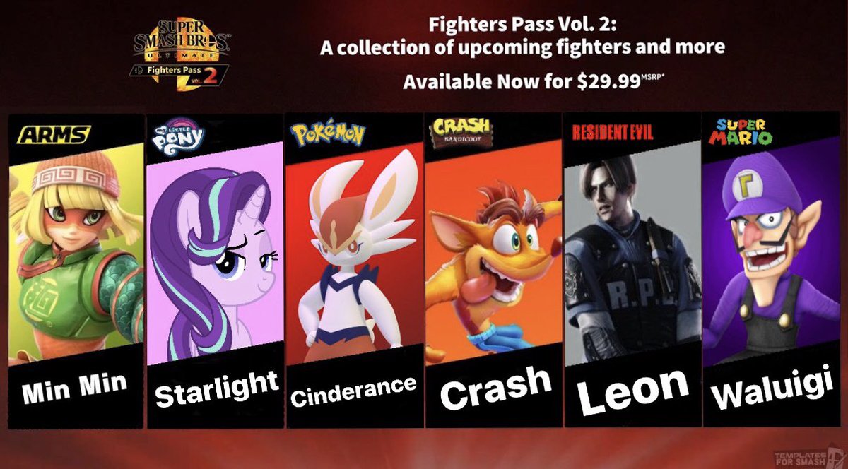 Starlight4S's tweet photo. My favorites charachters for this second fighter pass, of course, leading with Min Min and Starlight. I really hope she can join some day.

Thanks to @MLPforSmash for this precious picture https://t.co/i7IclZhwmg