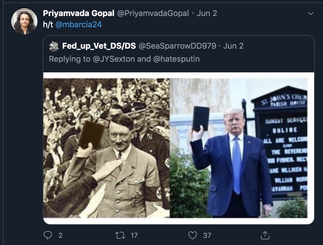 However, we know she hates fake Tweets, to the point she’s willing to sue anybody who shares them. So here she is definitely NOT sharing a fake picture of Hitler carrying a Bible juxtaposed against President Trump.