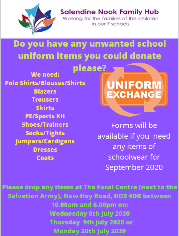 Please share! Uniform Exchange need donations of items of unwanted school uniform. The Focal Centre, New Hey Road, HD3 4DB is accepting collections on 8th, 9th and 20th July. #Lindley