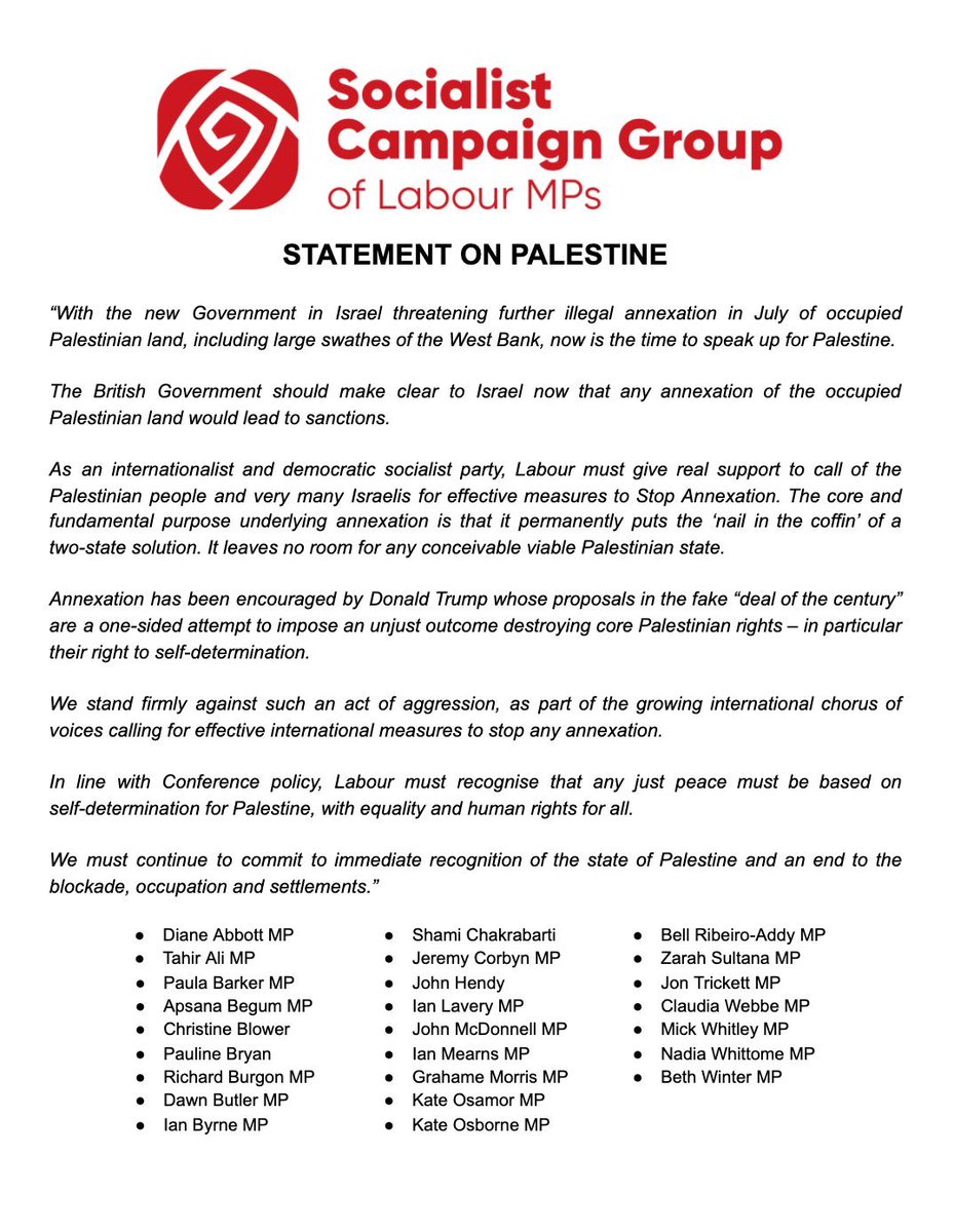 "Now is the time for the whole Labour movement to speak up for Palestine.

We must stand firmly in opposition to the new Israeli Government's plans for further illegal annexation of occupied Palestinian land."