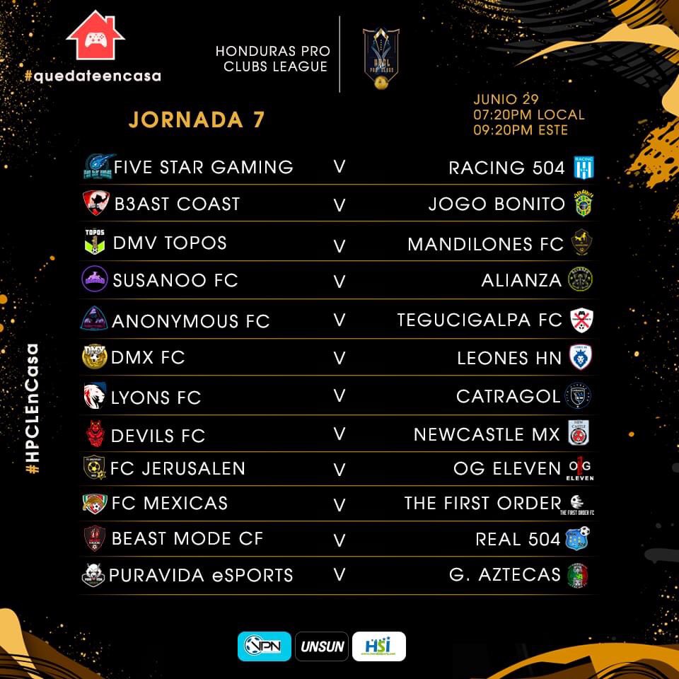 LINAHonduras504's tweet photo. ¡Las Jornadas de hoy en #HondurasProClubsLeague!
🇭🇳 🎮 ⚽️
Jornadas 7, 8 & 9
Partidos arrancan a las 🕢 7:20pm
#QuedateEnCasa #eSportsHonduras #VirtualProNetworkHonduras #VirtualProNetwork #ProClubs #FIFA20 #eSports #FIFAHonduras #VPNHonduras #LINAXBOX #HPCL https://t.co/W95PCXLcyZ