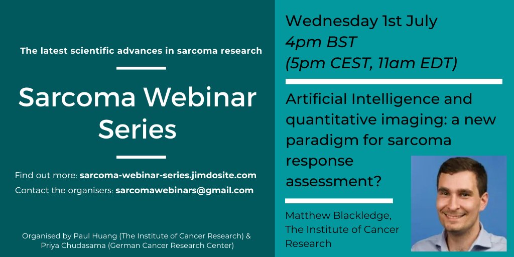 HuangLabICR's tweet photo. Our #SarcomaWebinar series is back this week with a presentation by Matt Blackledge (@BlackledgeICR) from @ICR_London who will be discussing #ArtificialIntelligence and #Imaging in #Sarcoma #Radiomics!

Join us Wed 1 July (4pm BST/11 am EDT). Details at: https://t.co/uN0kxrEKFn https://t.co/IvOMpA72w1