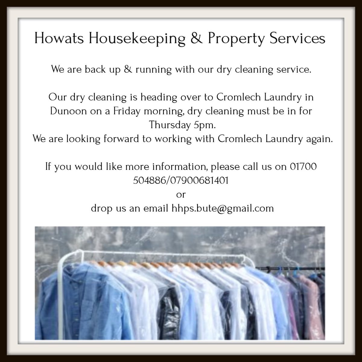 We have had a alot of enquiries regarding our Dry Cleaning service and we are happy to announce we are back to a weekly run over to Cromlech Laundry in Dunoon.

#drycleaning #HHPS #cromlechlaundry #isleofbute