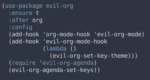 For sane keybinds in org mode I'm using evil-org-mode. The configuration is a bit complicated and I ended up swiping someone's from reddit. You need it enabled after org, and then enable it through org-mode's hook (and then further enable the keybinds once it's active)