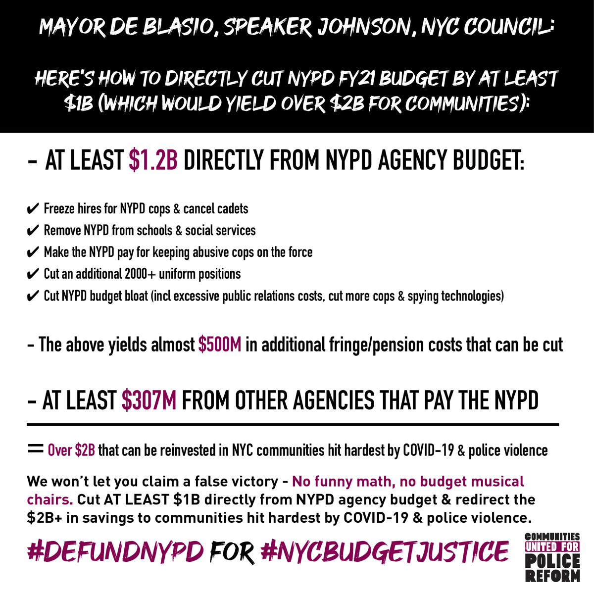 Council Members must vote NO on any budget that does NOT make at least $1B in REAL cuts to the NYPD's bloated $6B expense budget. 

Call your Council Member NOW!

No bullshit. No funny math. No just shuffling cops from NYPD to other agencies. #DefundNYPD #DefundThePolice