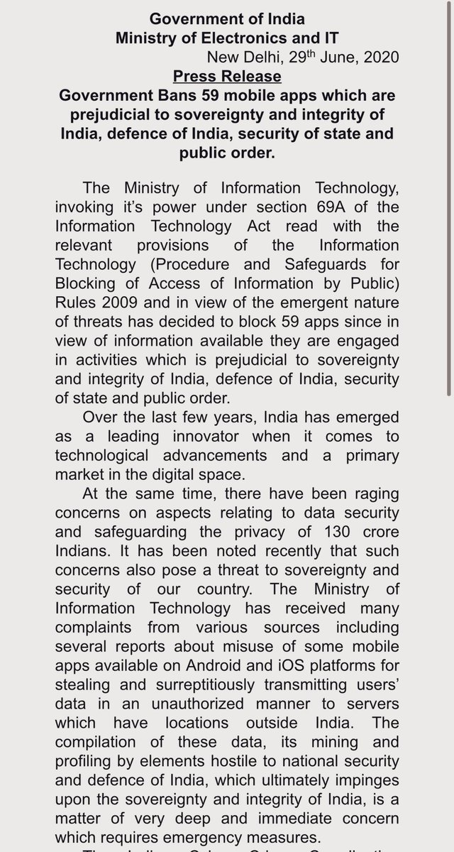 BREAKING: Full statement from the Indian Govt’s Ministry of Electronics & IT. Statement says the apps are “engaged in activities which is prejudicial to sovereignty and integrity of India, defence of India, security of state and public order”.