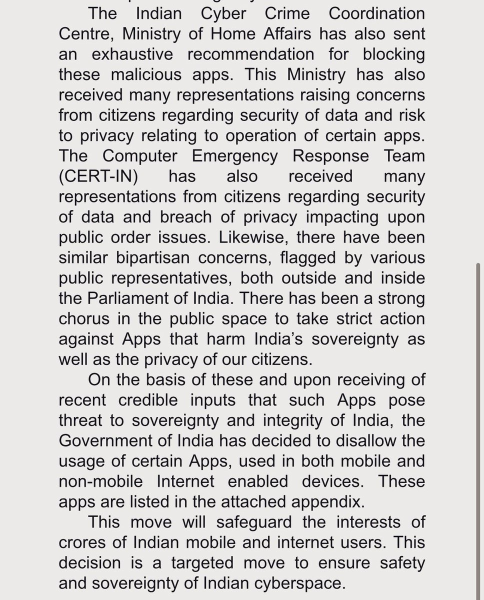 BREAKING: Full statement from the Indian Govt’s Ministry of Electronics & IT. Statement says the apps are “engaged in activities which is prejudicial to sovereignty and integrity of India, defence of India, security of state and public order”.