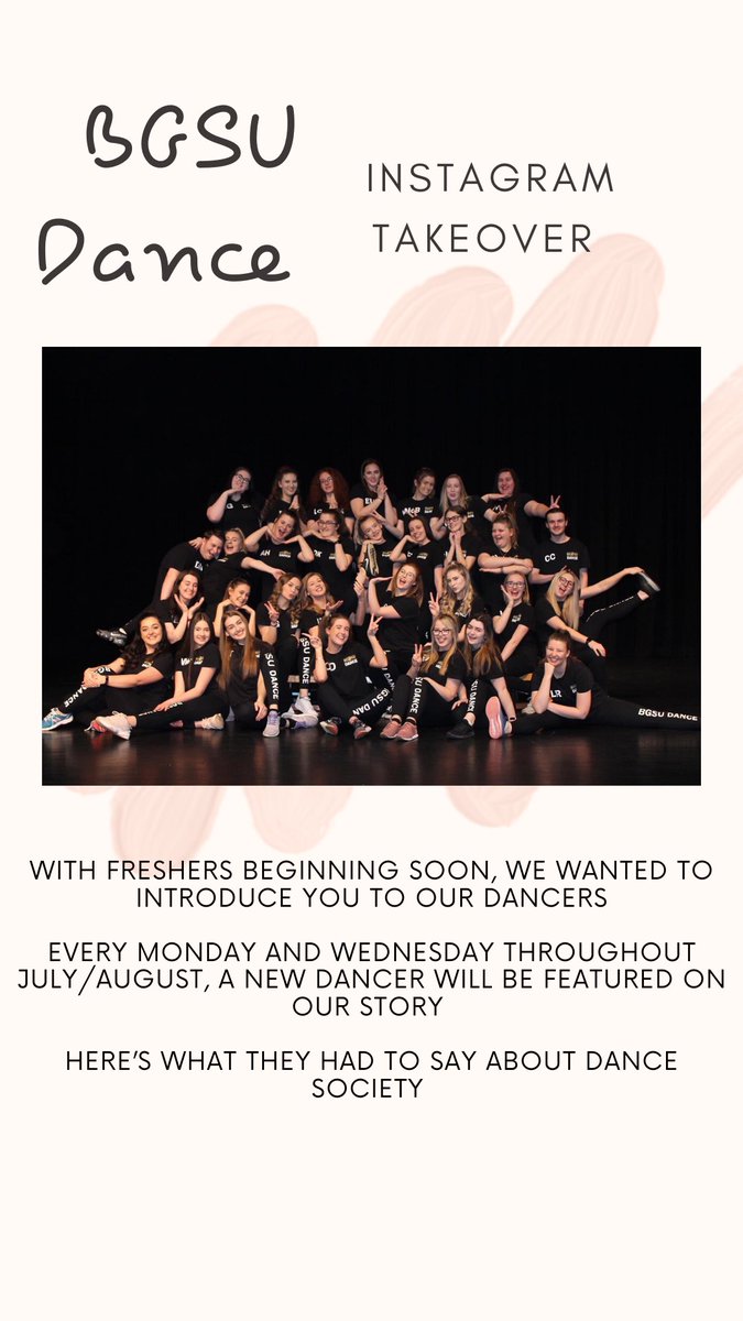 BGSUDance's tweet photo. Our Insta takeover has begun!! Head over to @bgsu_dancesoc on Instagram to meet our members 💜 https://t.co/UiigeBwyEC