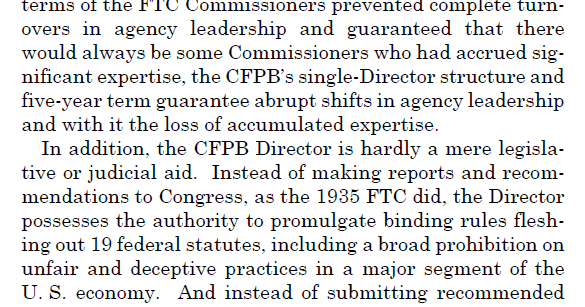 And what, in practice, distinguishes a single-director CFPB w/ "abrupt shifts" in leadership changes vs. "nonpartisan" admin agencies with new chairs/majority? FCC - net neutrality; FERC - MOPR; etc. Both party-line decisions, inconsistent w/ past admin's appointees.