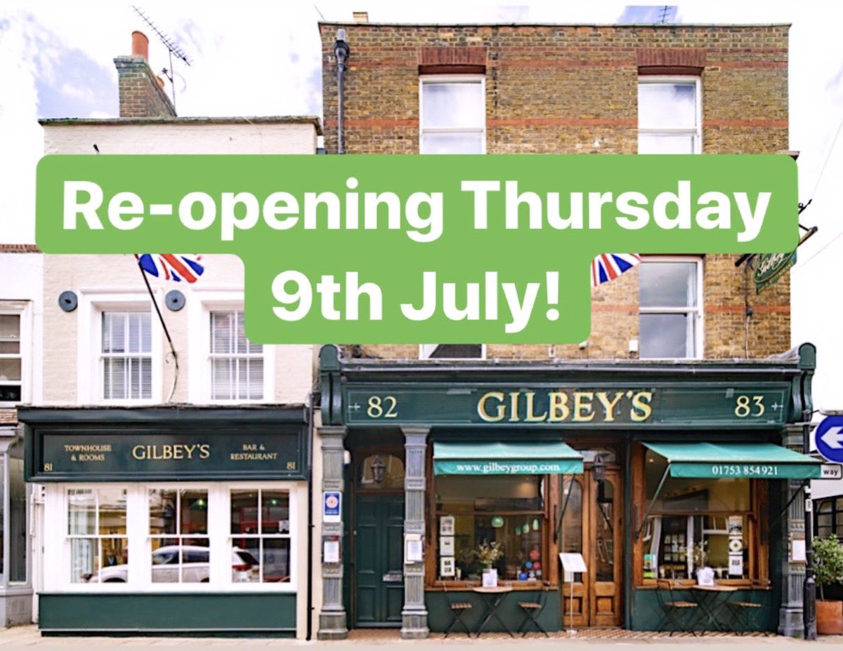 GilbeysEton's tweet photo. So excited to announce that we are going to be opening again from Thursday 9th July from Lunchtime onwards! For reservations please give us a call on 01753 854921 or alternatively you can book via our website (link in bio). We look forward to seeing you again! 💚 https://t.co/hjjZWASVdw