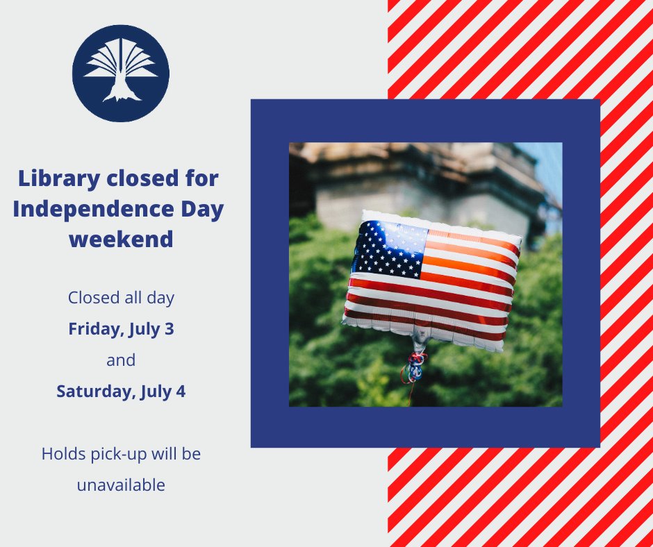 The Baxter County Library will be closed in observance of Independence Day on Friday, July 3 and Saturday, July 4. Holds pick-up service will not be available.
Business hours will resume on Monday, July 6. 

When returning items, please use the outdoor book return.