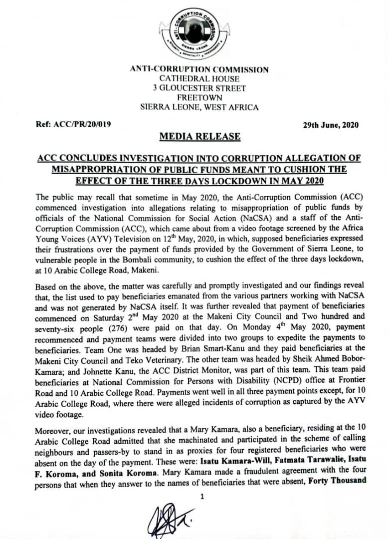 Francis Ben Kaifala Acc Concludes Investigating Allegations Of Extortion Of Poor Beneficiaries By Nacsa Staff In Video On Ayv Tv In May We Found That No Nacsa Staff Hov T Was