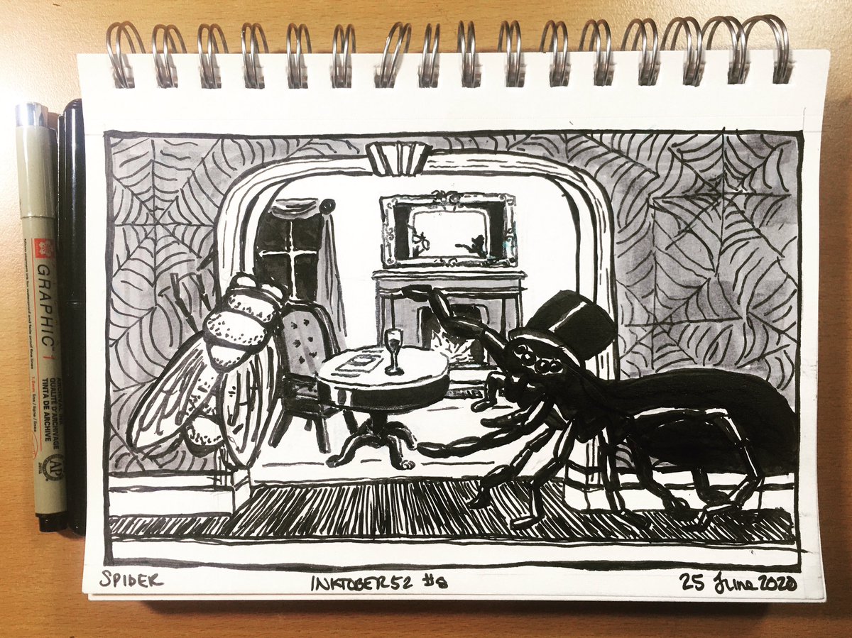 handdrawnmfa's tweet photo. I’ve been pretty sick for about a month (all tests for anything have been negative), but am slowly getting better  and trying to catch up on things I’ve let slide. Like #inktober52. Here are: Dinner, Spider and Wave. https://t.co/8q1SCuE0PJ