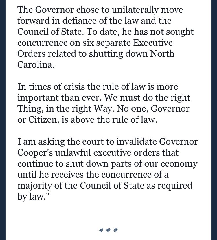 PRESS RELEASE: Lt. Governor Forest's Statement on Filing Suit Against Gov. Roy Cooper's Continued Unlawful Executive Orders #ncpol #ncga