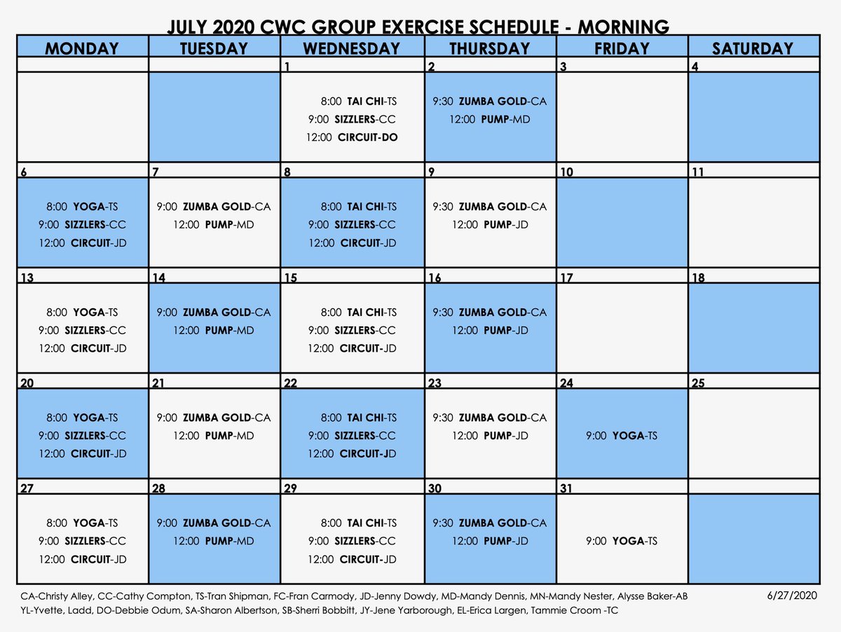 CWC_Hillsville's tweet photo. Our #july class schedules have arrived! We hope you all have an amazing summer trying out some new classes!

#CWCstrong #fitness #aerobics #groupexercise #pool #aquatics #CrossFit #HIIT https://t.co/9gx04EAzpg