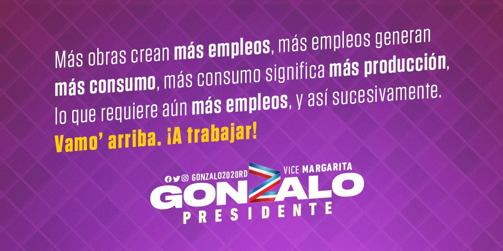 Mi plan para reactivar la economía empieza con un gran proyecto de obras públicas que ayudará a recuperar empleos y creará otros nuevos. Habrá empleo y cuarto para todos. Vamo’ arriba. ¡A trabajar!

#GonzaloPresidente
#Vota1 #MásOportunidadesParaTodos
#VamoArriba #aTrabajar