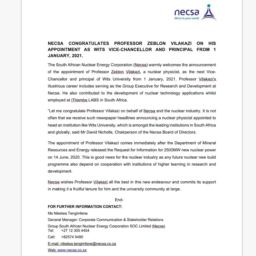Necsa congratulates Professor Zeblon Vilakazi on his appointment as Wits Vice-Chancellor and Principal from 01 January, 2021. Well deserved appointment! <a href="/niasa_za/">NIASA</a> <a href="/african_ygn/">African YGN</a> <a href="/SAYNPS/">SAYNPS</a> <a href="/SAnuclearwomen/">Women in Nuclear SA</a> <a href="/Kormorant/">kormorant</a> <a href="/BDliveSA/">Business Day</a> <a href="/EngNewsZA/">Engineering News</a> <a href="/TheCitizen_News/">The Citizen News</a> <a href="/TheStar_news/">The Star</a> <a href="/business/">Bloomberg</a> <a href="/busrep/">Business Report</a>