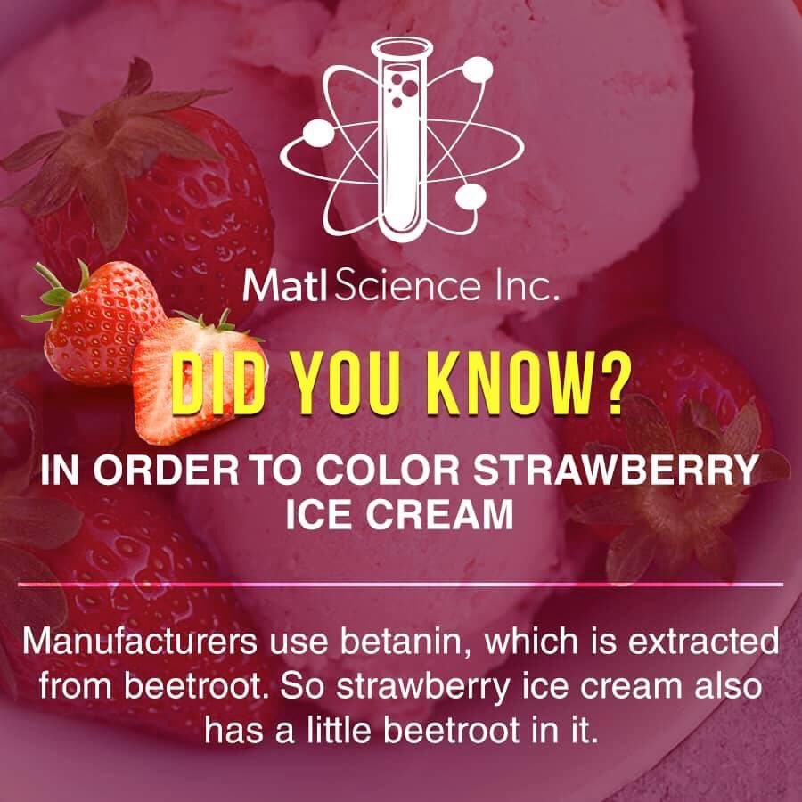 DID YOU KNOW?🤔

IN ORDER TO COLOR STRAWBERRY ICE CREAM 👇🏽

Manufacturers use betanin, which is extracted from beetroot. So strawberry ice cream also has a little beetroot in it.