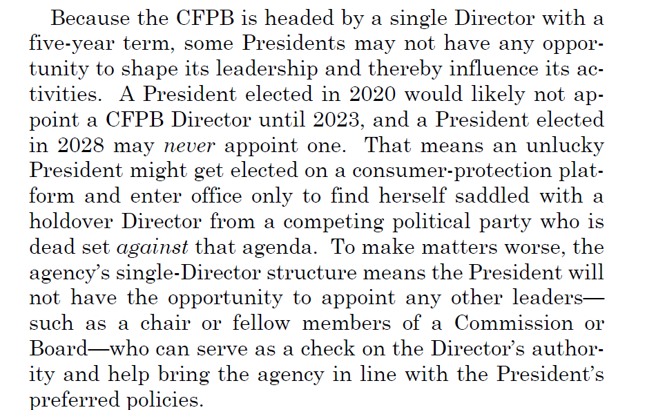 Although, in fairness, the single Director/5-yr term pointed out here is distinct. Every President gets to appoint some members to multi-member commissions. But the notion of CFPB/non-CFPB agencies seems faulty...