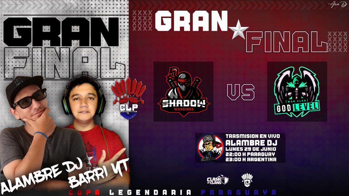 Hoy la CLP 🇵🇾 💣 tiene el honor de invitarles para la *GRAN FINAL* de esta 1era edición, este día se enfrentan en una imponente guerra:

<a href="/shadow_coc2/">Shadow Warriors</a> vs <a href="/Godlevelcoc/">GoD LeVeL</a>

Canal de transmisión: <a href="/AlambredjYT/">Alambredj</a>

Imperdible 🔥

Esta noche sabremos quién es nuestro gran CAMPEÓN 🏆🥇