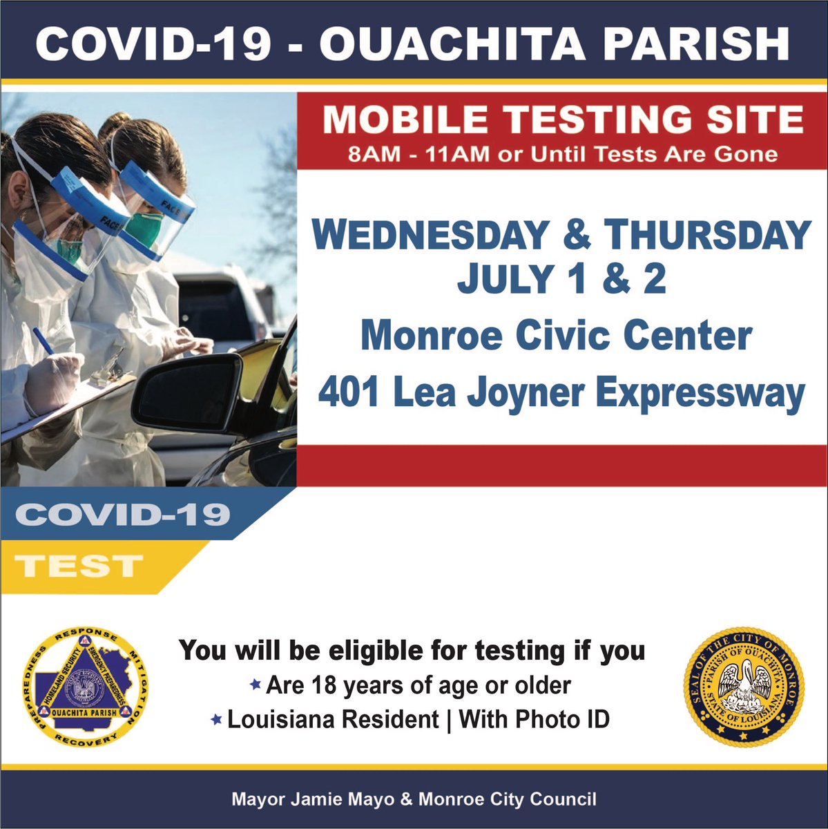 CityofMonroe's tweet photo. FREE Mobile COVID-19 testing at the Monroe Civic Center from 8am until 11 am Wednesday, July 1st and Thursday, July 2. @CityofMonroe @MonroeCivicCtr https://t.co/iBAhOe31XR