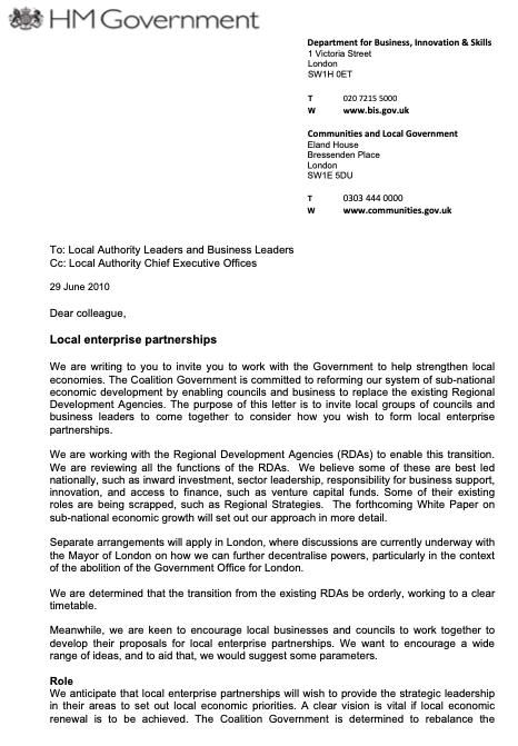 Geeks of sub-national economic development...It is 10 years to the DAY that the Coalition Government announced the abolition of RDAs and commissioned the establishment of LEPs. Letter here for anyone who wants a read.