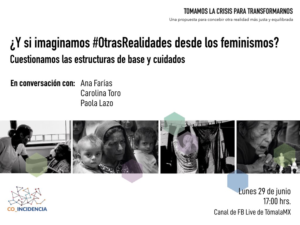 tomalaMX's tweet photo. Recuerden que hoy es la cita para reflexionar #OtrasRealidades.

¿Se puede hacer desde los #Feminismos?
@inconsistente @carotoro_m y @PaoLazoCorvera 
conversarán sobre los retos a los que nos enfrentamos.

📍Nos vemos en el FB Live de @tomalaMX
⏰17_00 horas https://t.co/54KPbJeJTL