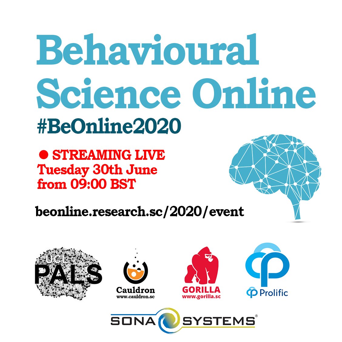 We will be live tomorrow Tuesday 30th June from 09:00 BST with #BeOnline2020

Access all the information that you need here:
beonline.research.sc/2020/event

Thanks to sponsors:  <a href="/GorillaPsyc/">Gorilla Experiment Builder</a> <a href="/Prolific/">Prolific</a> <a href="/SonaSystems/">Sona Systems</a> <a href="/UCLPALS/">UCL Psych & Lang Sci</a> &amp;hosts: @neuro_boffin &amp; <a href="/EvershedJo/">Jo Evershed @evershedjo.bsky.social</a>