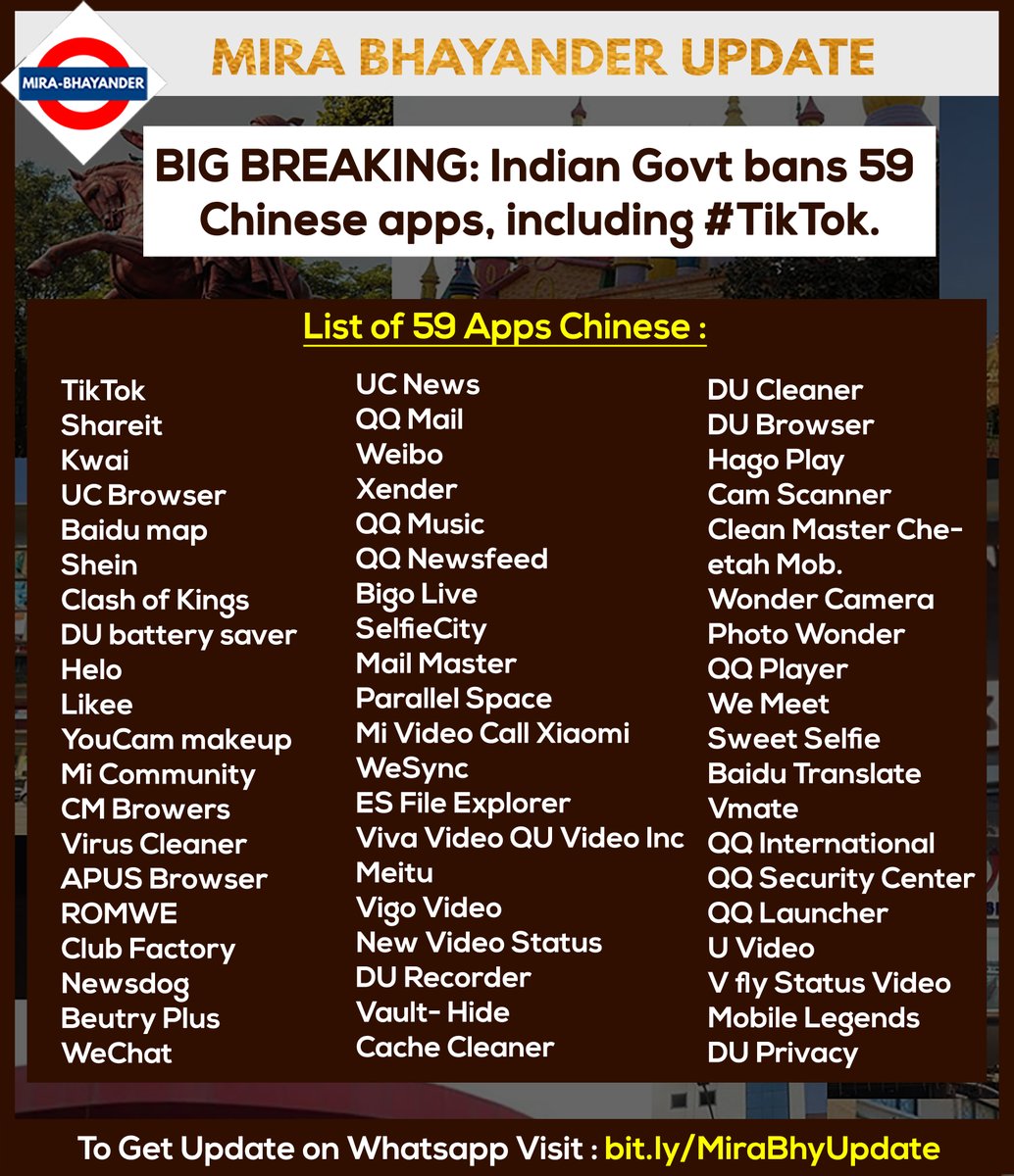 MiraBhyUpdates's tweet photo. List of 59 apps banned by Government of India "which are prejudicial to sovereignty and integrity of India, defence of India, security of state and public order”.

To get Updates of Mira Bhayander Follow us on : https://t.co/Z9Jjx468P5 https://t.co/folRy4Nq2q