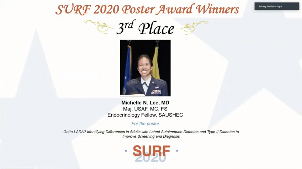 UTSAResearch's tweet photo. #SATXSURF 3rd place poster award winner: Michelle N. Lee, MD, Maj. USAF MC FS, #Endocrinology Fellow, #SAUSHEC, “Gotta LADA? Identifying Differences in Adults with Latent Autoimmune Diabetes and Type II #Diabetes to Improve Screening & Diagnosis” #militaryhealth #militarycityusa https://t.co/7x34sxH3xL