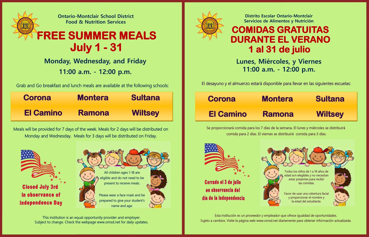 Free meals for children (ages 1-18)!  Come by and grab breakfast and lunch!